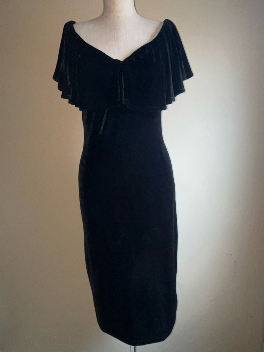 Unique Vintage Black Velvet Off-Shoulder Midi Dress